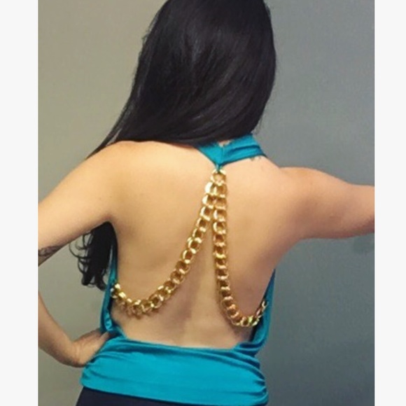 Draped Teal Top with gold chain back - Picture 2 of 4